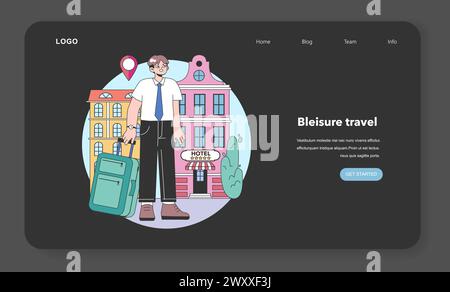 Bleisure travel web banner or landing page night or dark mode set. Business and sightseeing trip. Workation, digital nomad working globally. Leisure and business abroad. Flat vector illustration Stock Vector
