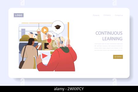 Continuous Learning concept. Diverse individuals engage with educational content on public transit. Lifelong education through digital media. Stock Vector
