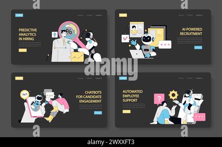 HR Automation set. Implementing predictive analytics in hiring, utilizing AI in recruitment, deploying chatbots for candidate interaction, offering automated employee support. Vector illustration Stock Vector