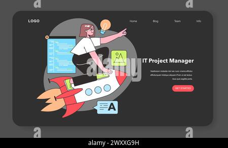 An IT Project Manager propels projects forward with vision and innovation, symbolized by a rocket, highlighting the dynamic nature of managing tech initiatives. Stock Vector