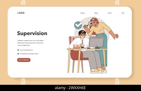 Supervision in Task Delegation concept. Mentor oversees a focused worker, ensuring quality and guidance in task execution. Vector illustration. Stock Vector