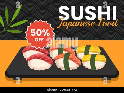 Sushi Japanese Food Social Media Post Flat Cartoon Hand Drawn Templates ...