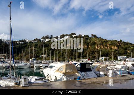 View of the port of Sidi Bou Said, a picturesque town and popular tourist attraction situated approximately 20 km northeast of the capital city, Tunis Stock Photo