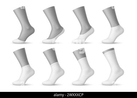 Realistic man socks, 3d vector white sox mockups feature cotton toe-cover, no-show, extra or low cut, quarter and mid calf fashion and sportswear design types. Isolated fabric, elastic socks templates Stock Vector