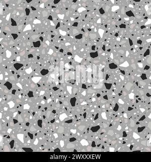 Grey terrazzo mosaic tile pattern, marble floor texture. Vector terazzo ceramic ornament, features vibrant blend of marble, granite, and glass black, gray and white chips. Terrazo stone background Stock Vector