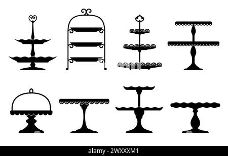 Wedding cake platter, stand tray silhouettes. Isolated vector elegant black tables set for displaying fruits or desserts during festive events and ceremonies. Monochrome serving items for food display Stock Vector