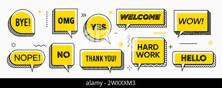 Yellow Memphis speech bubbles isolated vector set. Dialog chat clouds featuring bold lines and grunge typography font words. Bye, nope, omg, no, yes and thank you. Welcome, hard work, wow or hello Stock Vector