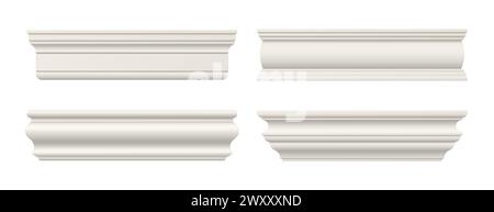 Trim molding, moulding cornice, interior wall skirting baseboard. isolated realistic 3d vector decorative architectural elements. Gypsum, plaster, wooden or styrofoam house ledges in classic style Stock Vector