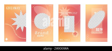 Social media post templates with y2k aesthetic frames. Vector vertical backgrounds or story post promotional banners, advertising or blog with geometric empty borders and red, orange, yellow gradients Stock Vector