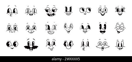 Cartoon comic groovy face emotions vector set, featuring lively expressions like joy, smile, surprise, and mischief. Whimsical characters feelings in retro funky style, monochrome personage emoticons Stock Vector