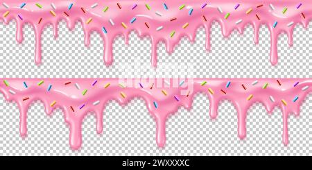 Realistic strawberry pink melting drip cream with candy sprinkles. 3d vector donut icing glaze, isolated candy melt border, cake liquid syrup flowing down. Sweet confectionery pouring down with drops Stock Vector