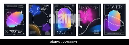 Gradient brutal y2k posters or cover vector templates. Vertical black backgrounds with neon glowing geometric shapes, butterfly figure in retro-futuristic style. Social media stories promo banners Stock Vector