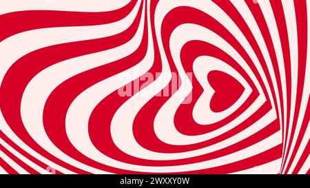 Psychedelic heart tunnel or hypnotic love background for Valentine or wedding, cartoon vector. Abstract heart red and pink stripes with spiral twirl of optical illusion for romance and love background Stock Vector