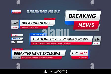 Breaking news, lower third header banners. Vector tv header bars, headlines display essential information on television broadcast. Video titles of blue, red and white colors. Isolated strips with text Stock Vector