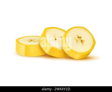 Realistic sliced banana fruit in unpeeled cut pieces, vector tropical farm food. Realistic unpeeled banana cut on slice pieces in closeup macro 3d for sweet dessert or organic juice package Stock Vector