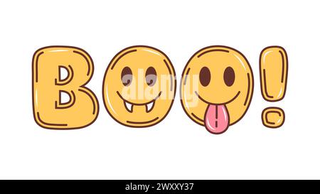 Cartoon retro groovy Halloween word boo with monster character smiling faces. Isolated vector font, text or typography with yellow bubbly letters and exclamation mark in vintage retro nostalgic style Stock Vector