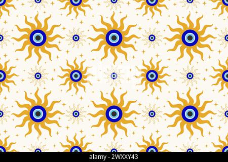 Evil eye seamless pattern. Turkish and Greek blue bead symbol. Magic nazar and ethnic circle amulet for luck. Vector spiritual ornament Stock Vector