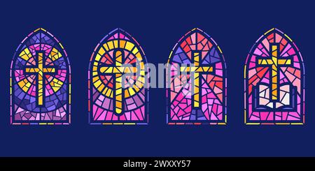 Church glass windows. Stained mosaic catholic and christian frames with cross. Vector gothic medieval arches on dark background Stock Vector