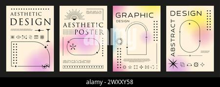 Aesthetic gradient Y2K posters and backgrounds with abstract line frames, vector cover templates. Pastel color gradient posters with Y2K aesthetic geometric and simple minimal elements on background Stock Vector