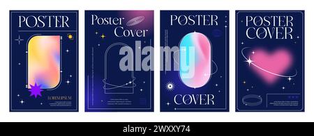 Y2k gradient brutal posters or cover templates. Vector vertical backgrounds with neon glowing geometric shapes, heart and arched frames in retro-futuristic style. Social media stories promo banners Stock Vector