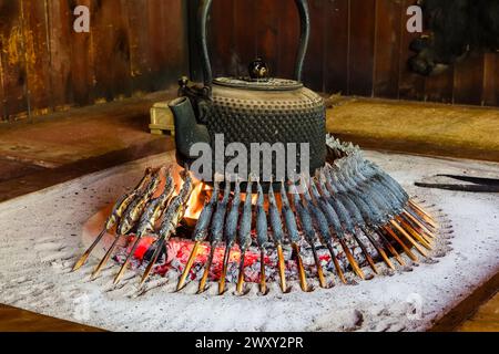 Fresh fish (Iwana) cooking over a wooden fire in a Japanese mountain hut Stock Photo