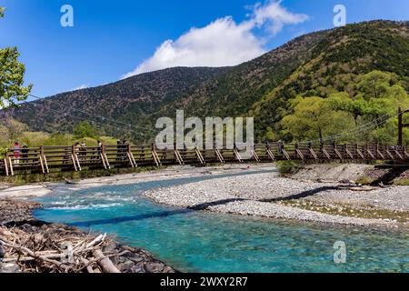 Myojin bridge over the Azusa river in the Kamikochi hiking area of Nagano, Japan Stock Photo
