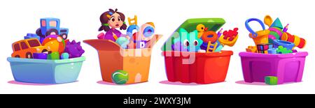 Kid box with doll, ball and child car cartoon. Full gift chest collection to play in kindergarten for toddler clipart set isolated on white background. Old rocket and plastic toys in package Stock Vector