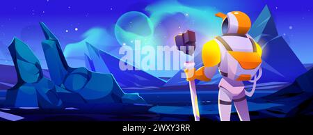 Astronaut in suit and helmet stand with back on alien planet surface with blue rock mountains and glow celestial body and light or haze in sky. Cartoon vector outer space landscape with cosmonaut. Stock Vector