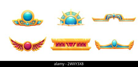 Egyptian golden decorations set isolated on white background. Vector cartoon illustration of ancient pharaoh treasure, precious frames decorated with blue and red gemstones, game ui design elements Stock Vector