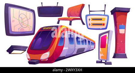 Subway train and platform equipment set. Cartoon vector illustration set of metro station interior modern elements - electric railway car and signposts, map and billboard, bench for waiting and column Stock Vector