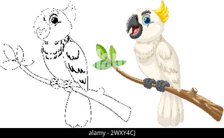 Two parrots, one colored and one outlined, on branches. Stock Vector