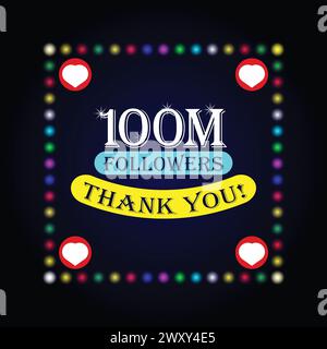 100M followers thank you greeting card with colorful lights on dark background. Colorful design for social network, social media post background Stock Vector