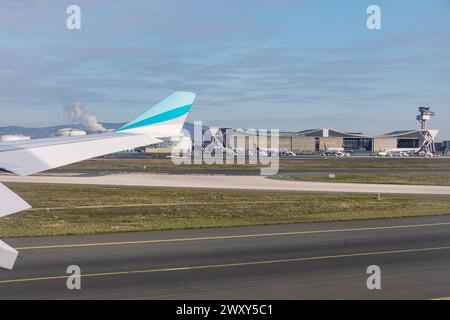 Germany, Hesse, Frankfurt - March 17, 2024. View of the Frankfurt Airport building during landing. Frankfurt Main airpor, it is a one of the busiest a Stock Photo