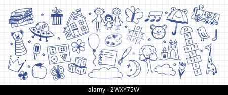 Set of daycare doodle. Book, hopscotch, toys, flower, umbrella, house, clock and other elements. Scribbled with chalk texture. Stock Vector