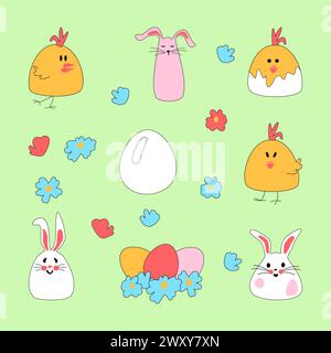 Set of Easter characters. Cute Easter bunny with chicken and egg for printing on childrens products, stickers and books. Cartoon Vector illustration. Stock Vector