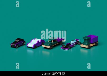 3d illustration of cute kids model cars, convertibles, pickups, truck cranes, firemen, dump trucks  on a  green   background. Illustration of patterns Stock Photo