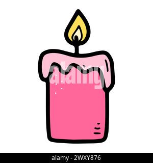 Doodle burning dopamine style candle. Hand-drawn pink candlestick decor isolated on white background. Holiday, Valentines Day, Birthday, Christmas, ch Stock Vector