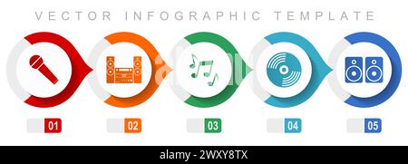 Multimedia flat design infographic template, miscellaneous symbols such as microphone, stereo equipment, vinyl and speakers, vector icons collection Stock Vector