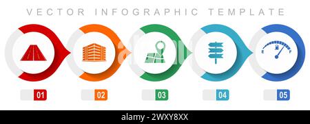 Travel flat design infographic template, miscellaneous symbols such as road, building, navigation, signpost and fuel gauge, vector icons collection Stock Vector