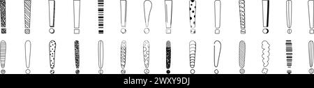 Doodle exclamation mark hand drawn sketch vector illustration set isolated on white background. Collection of various exclamation marks attention punc Stock Vector