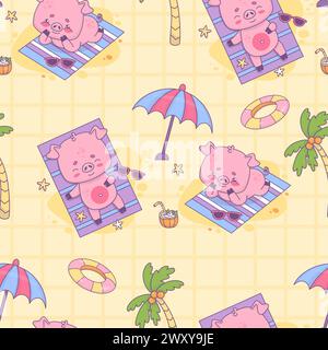 Seamless pattern with beach pigs beachgoer with cocktail and rubber circle on yellow checkered background with palm trees. Cute funny kawaii animal Stock Vector
