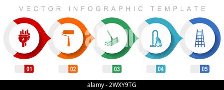 House services flat design infographic template, miscellaneous symbols such as plug, paint roller, broom, vacuum cleaner and ladder, vector icons coll Stock Vector