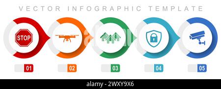 Home security flat design infographic template, miscellaneous symbols such as stop sign, drone, house, cctv camera and padlockfor webdesign and mobile Stock Vector