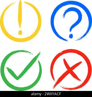 Dirty grunge cross x, tick OK, exclamation and question check marks in check boxes, hand drawn with brush strokes vector illustration isolated backgro Stock Vector