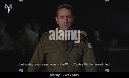 Video grab of Lt Gen Herzi Halevi, chief of the general staff of the Israel Defence Forces, making a statement following an Israeli air strike in Gaza which resulted in the death of seven aid workers. Issue date: Wednesday April 3, 2024. Stock Photo