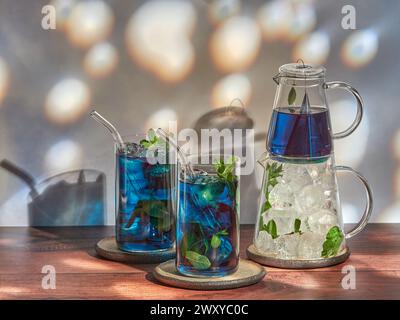 Iced blue tea made from Anchan flowers also known as butterfly pea (Clitoria ternatea) Stock Photo