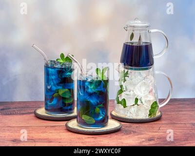 Iced blue tea made from Anchan flowers also known as butterfly pea (Clitoria ternatea) Stock Photo