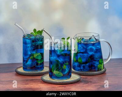 Iced blue tea made from Anchan flowers also known as butterfly pea (Clitoria ternatea) Stock Photo