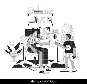 Being able to be present for your family black and white line illustration Stock Vector