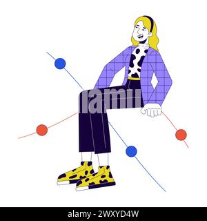 Blonde female sitting on charts 2D linear cartoon character Stock Vector